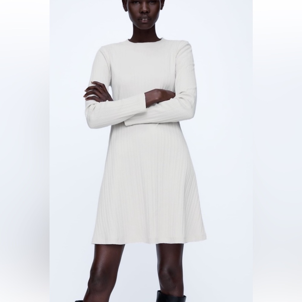 Zara Cream Ribbed Long Sleeve Sheath Dress 3 for $20